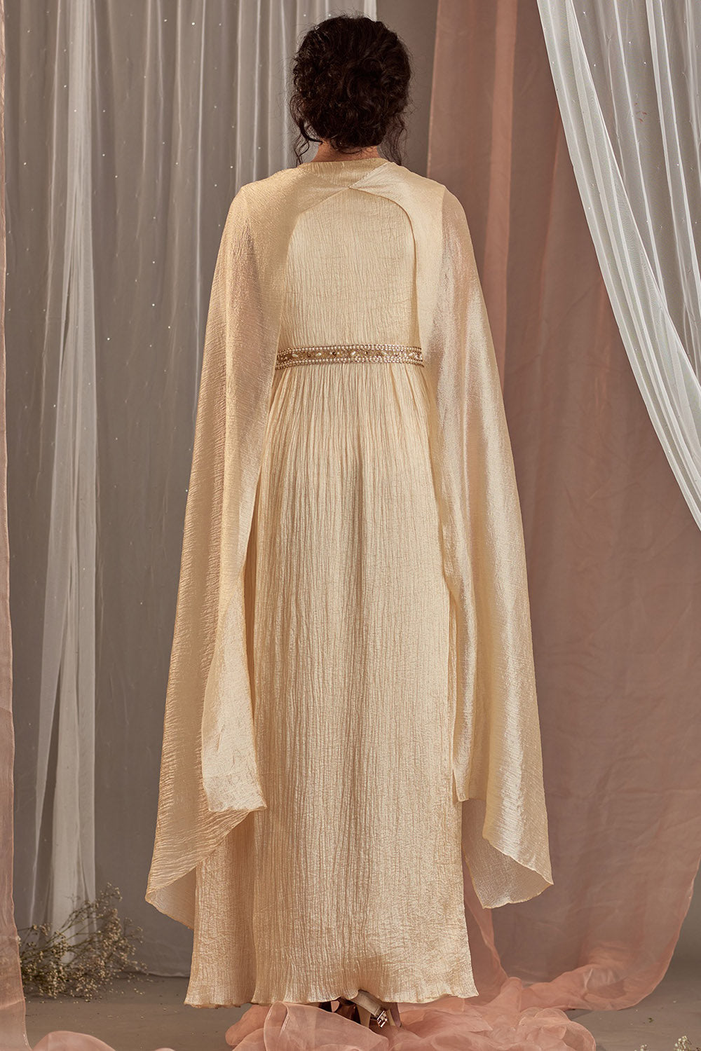 Hand Embroidered Ivory Draped Gown - Auraya Fashion - - #tag1# - #tag2# - #tag3# - #tag3#