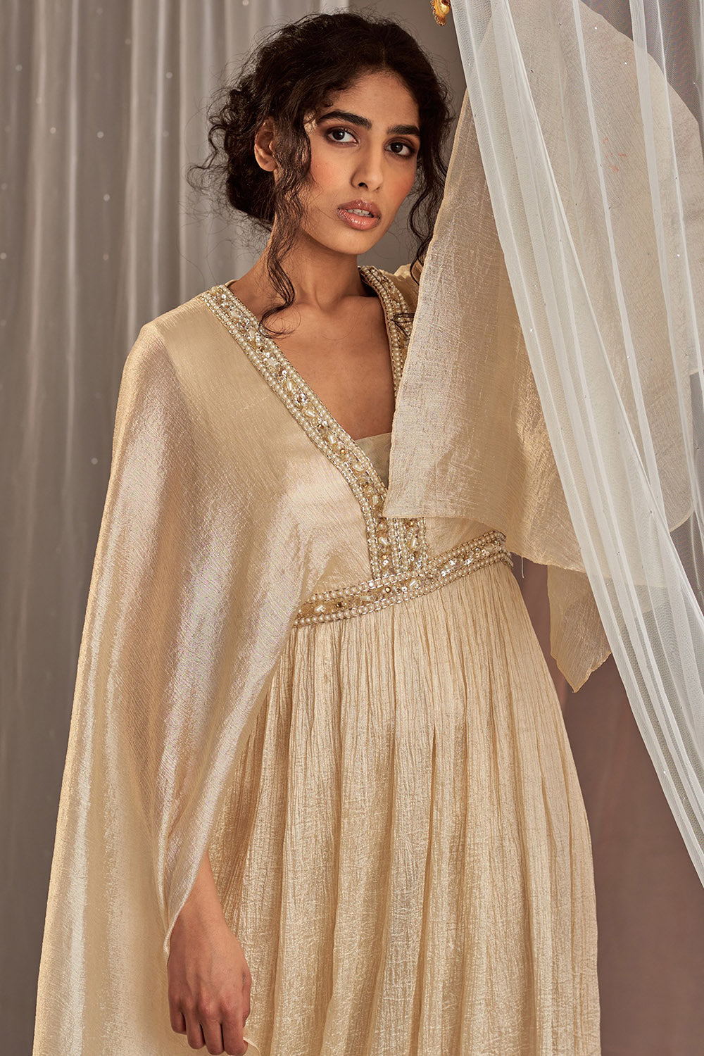 Hand Embroidered Ivory Draped Gown - Auraya Fashion - - #tag1# - #tag2# - #tag3# - #tag3#