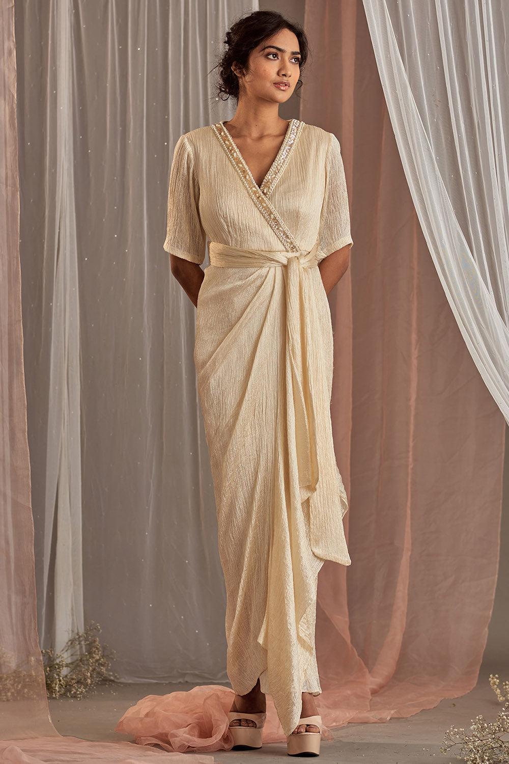 Hand Embroidered Ivory Tie-Up Dress - Auraya Fashion - Nidhika Shekhar - #tag1# - #tag2# - #tag3# - #tag3#