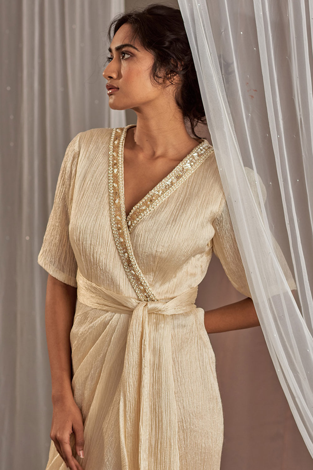 Hand Embroidered Ivory Tie-Up Dress - Auraya Fashion - - #tag1# - #tag2# - #tag3# - #tag3#