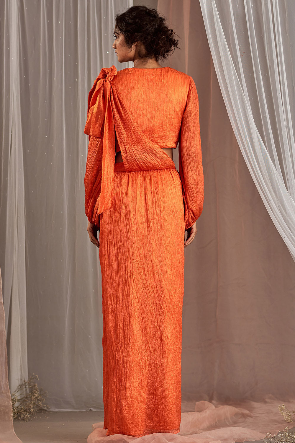 Crinkle Silk Orange Draped Skirt Set - Auraya Fashion - - #tag1# - #tag2# - #tag3# - #tag3#
