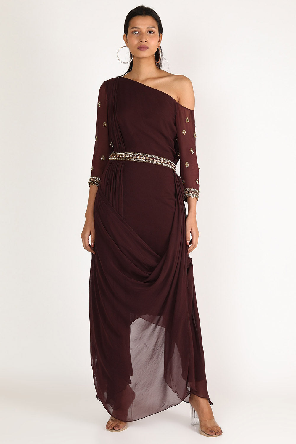 Embroidered Maroon Draped Kurta Set - Auraya Fashion - Nidhika Shekhar - #tag1# - #tag2# - #tag3# - #tag3#