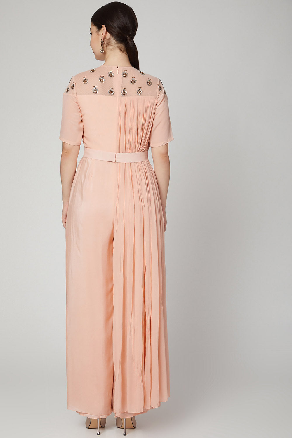 Embroidered Peach Jumpsuit With Attached Drape - Auraya Fashion - - #tag1# - #tag2# - #tag3# - #tag3#