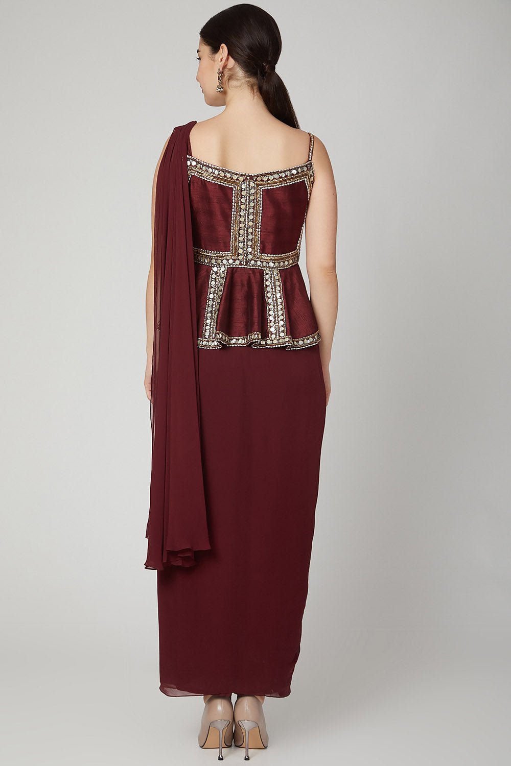 Embroidered Maroon Saree Gown - Auraya Fashion - - #tag1# - #tag2# - #tag3# - #tag3#