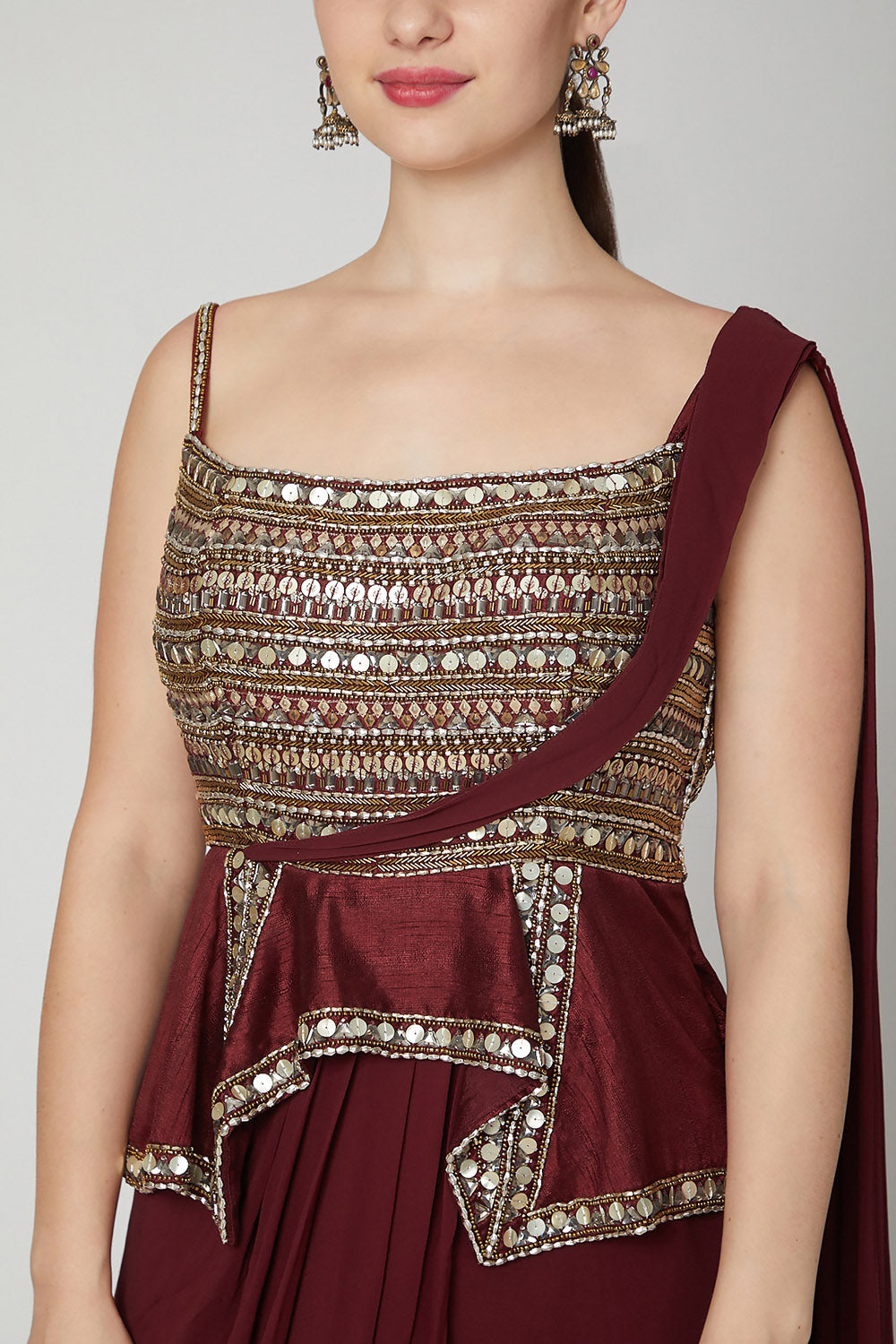 Embroidered Maroon Saree Gown - Auraya Fashion - - #tag1# - #tag2# - #tag3# - #tag3#