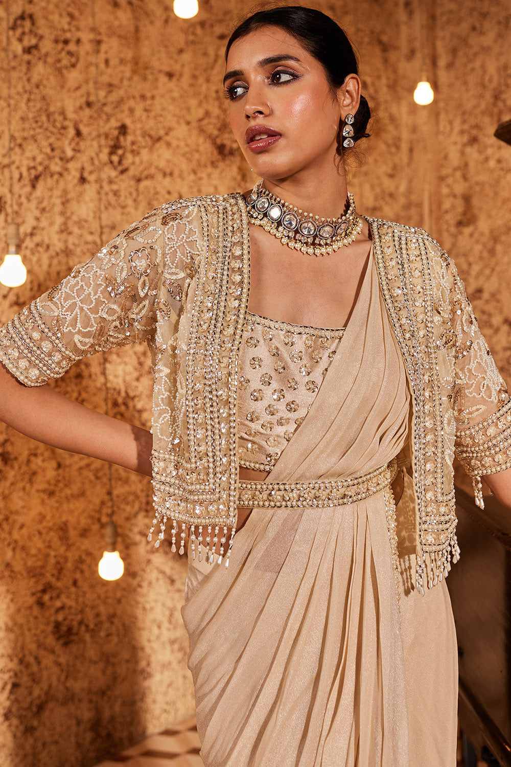 Georgette & Silk Gold Draped Saree Set - Auraya Fashion - - #tag1# - #tag2# - #tag3# - #tag3#