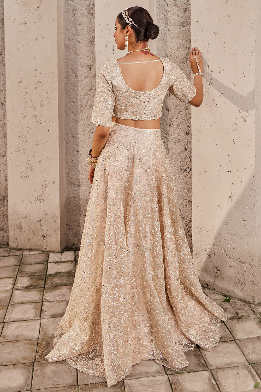 Satin & Organza Champagne Embroidered Lehenga Set - Auraya Fashion - - #tag1# - #tag2# - #tag3# - #tag3#