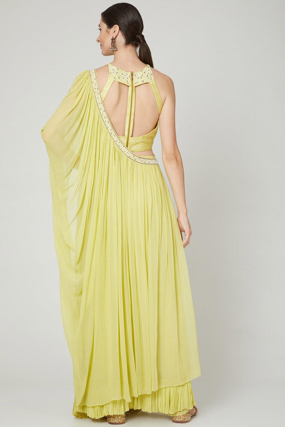 Embroidered Lime Yellow Draped Saree Set - Auraya Fashion - - #tag1# - #tag2# - #tag3# - #tag3#