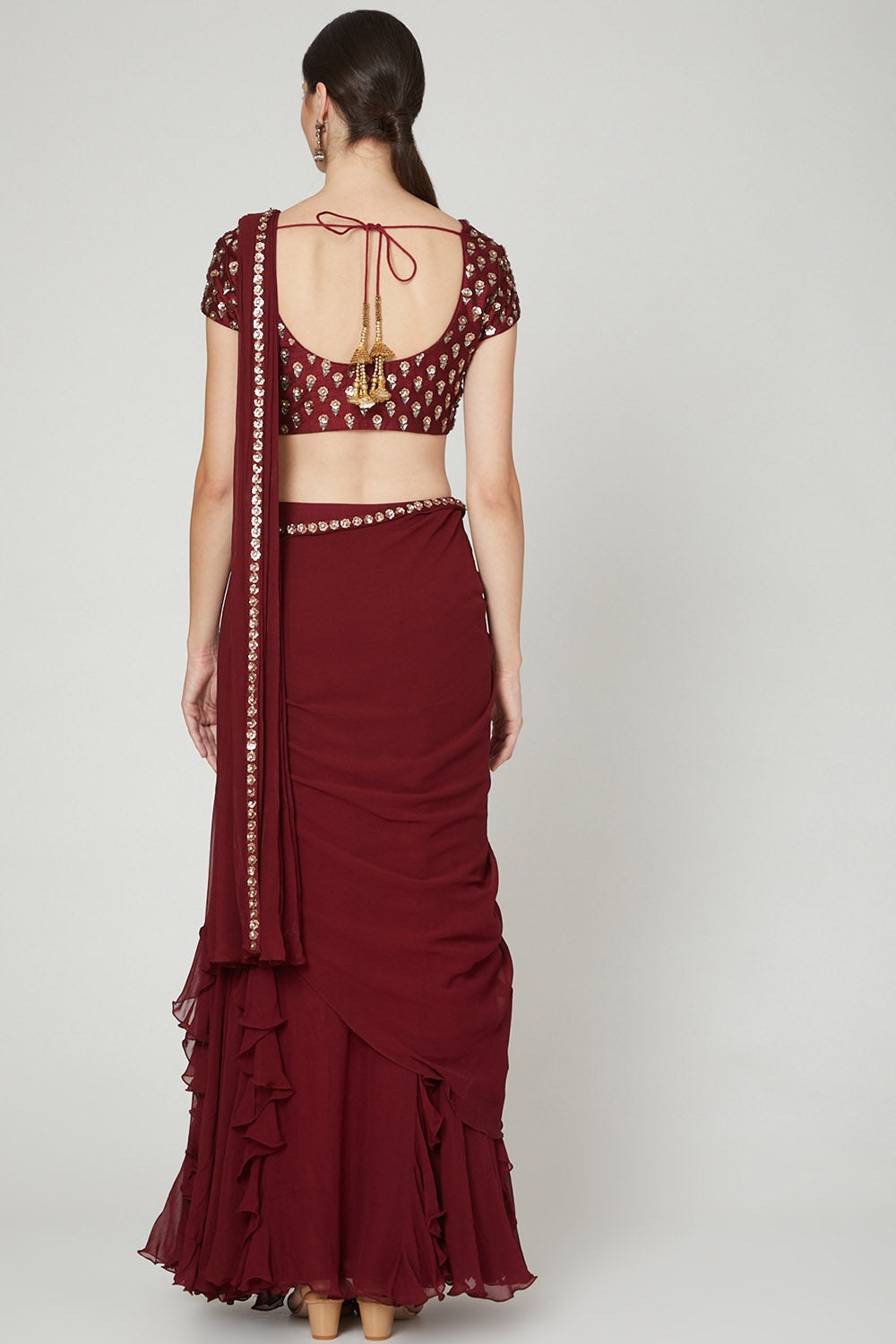 Ruffled Maroon & Draped Saree Set - Auraya Fashion - - #tag1# - #tag2# - #tag3# - #tag3#