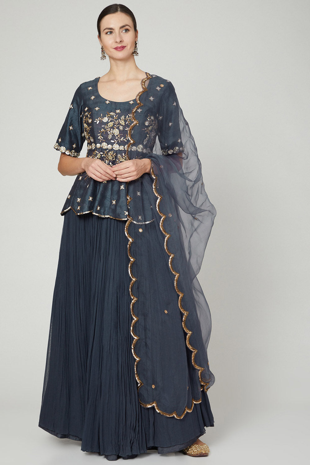 Crinkled Georgette Grey Lehenga Set - Auraya Fashion - Nidhika Shekhar - #tag1# - #tag2# - #tag3# - #tag3#