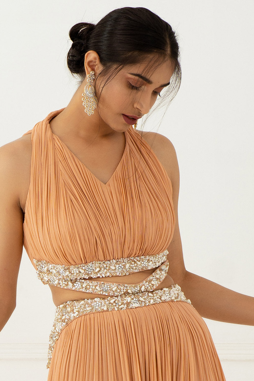 Hand Embroidered Blush Pink Pleated Gown - Auraya Fashion - - #tag1# - #tag2# - #tag3# - #tag3#
