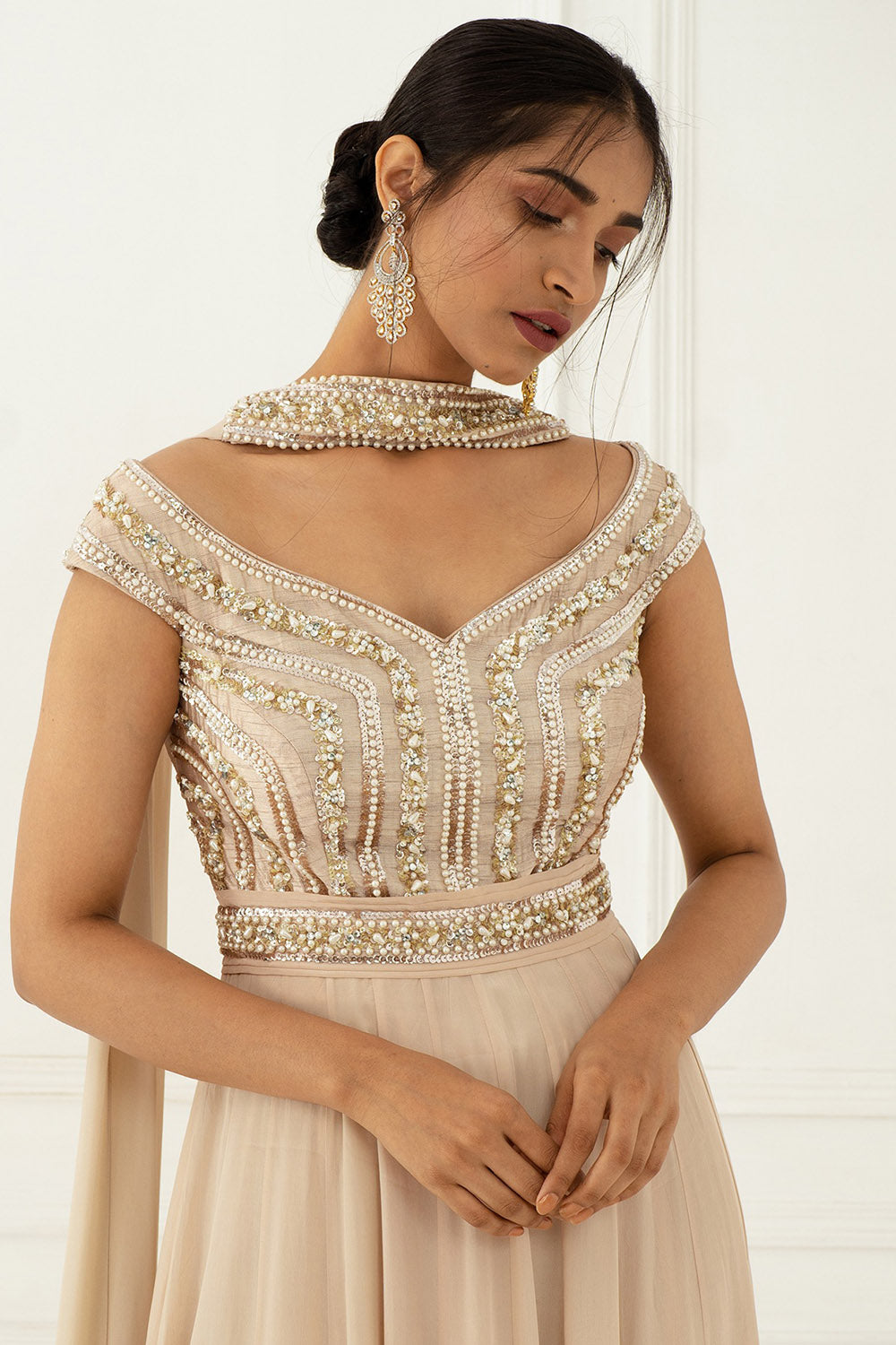 Hand Embroidered Champagne Anarkali Set - Auraya Fashion - - #tag1# - #tag2# - #tag3# - #tag3#