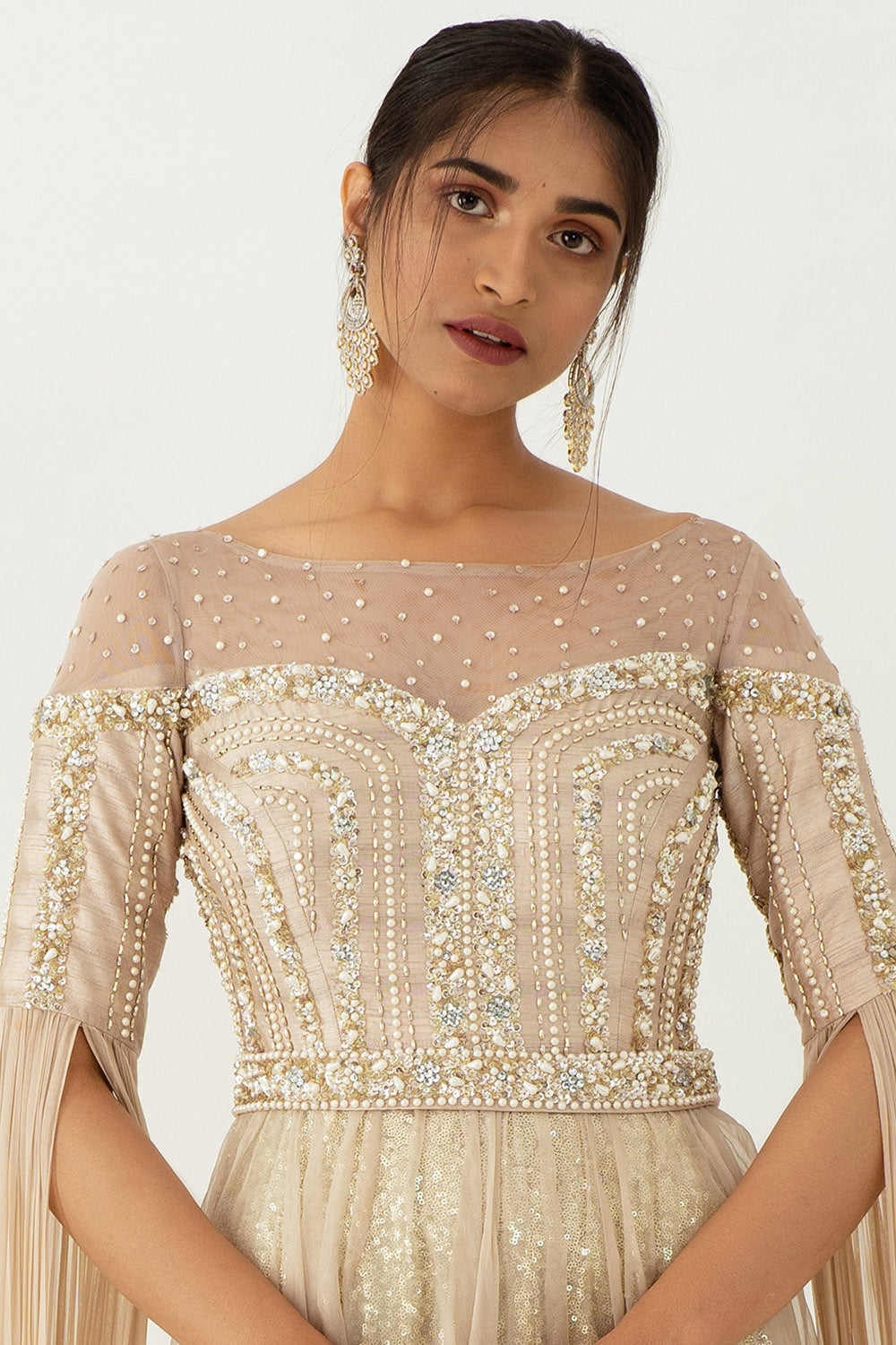 Hand Embroidered Beige Handcrafted Gown - Auraya Fashion - - #tag1# - #tag2# - #tag3# - #tag3#