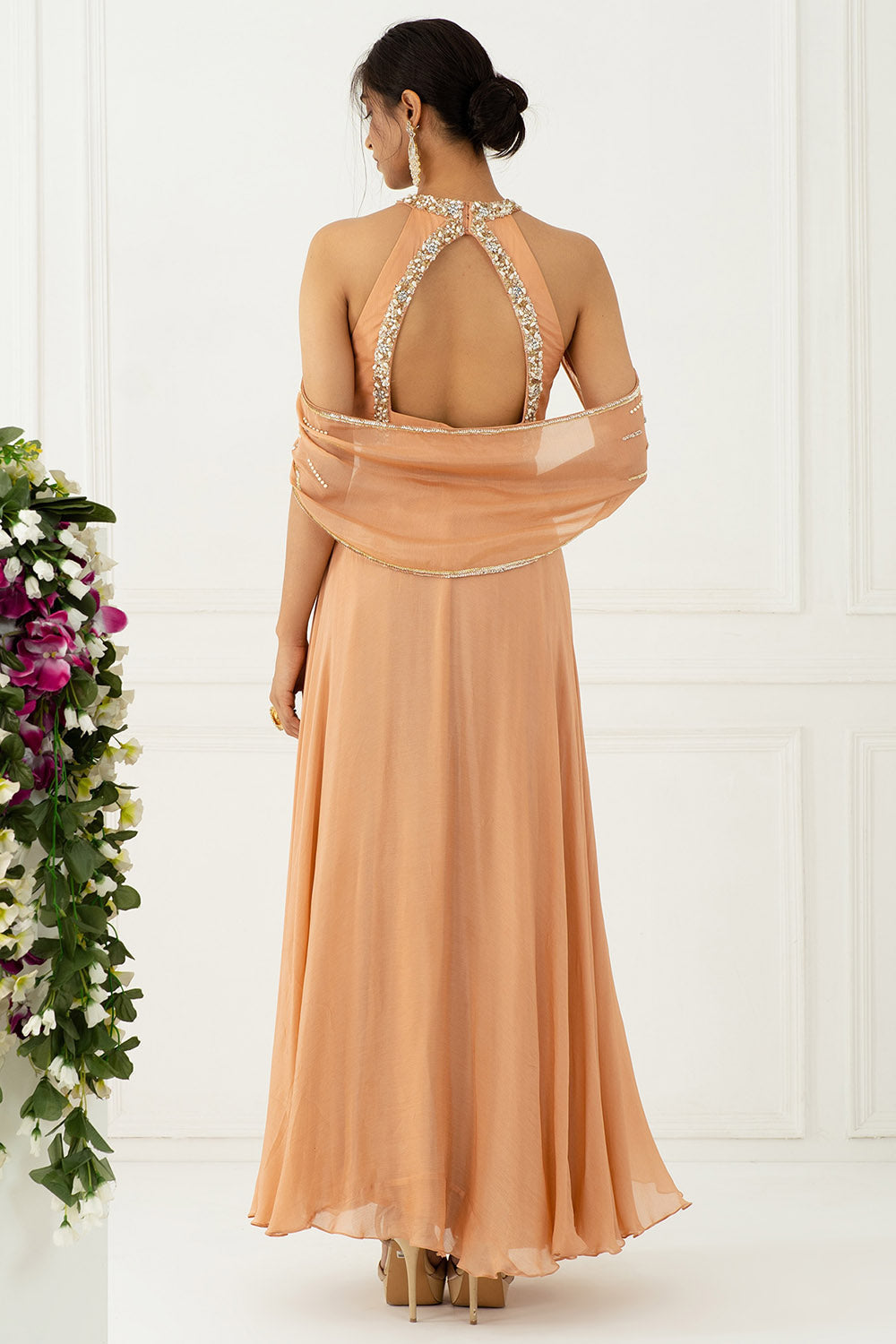 Hand Embroidered Blush Pink Cold Shoulder Gown - Auraya Fashion - - #tag1# - #tag2# - #tag3# - #tag3#