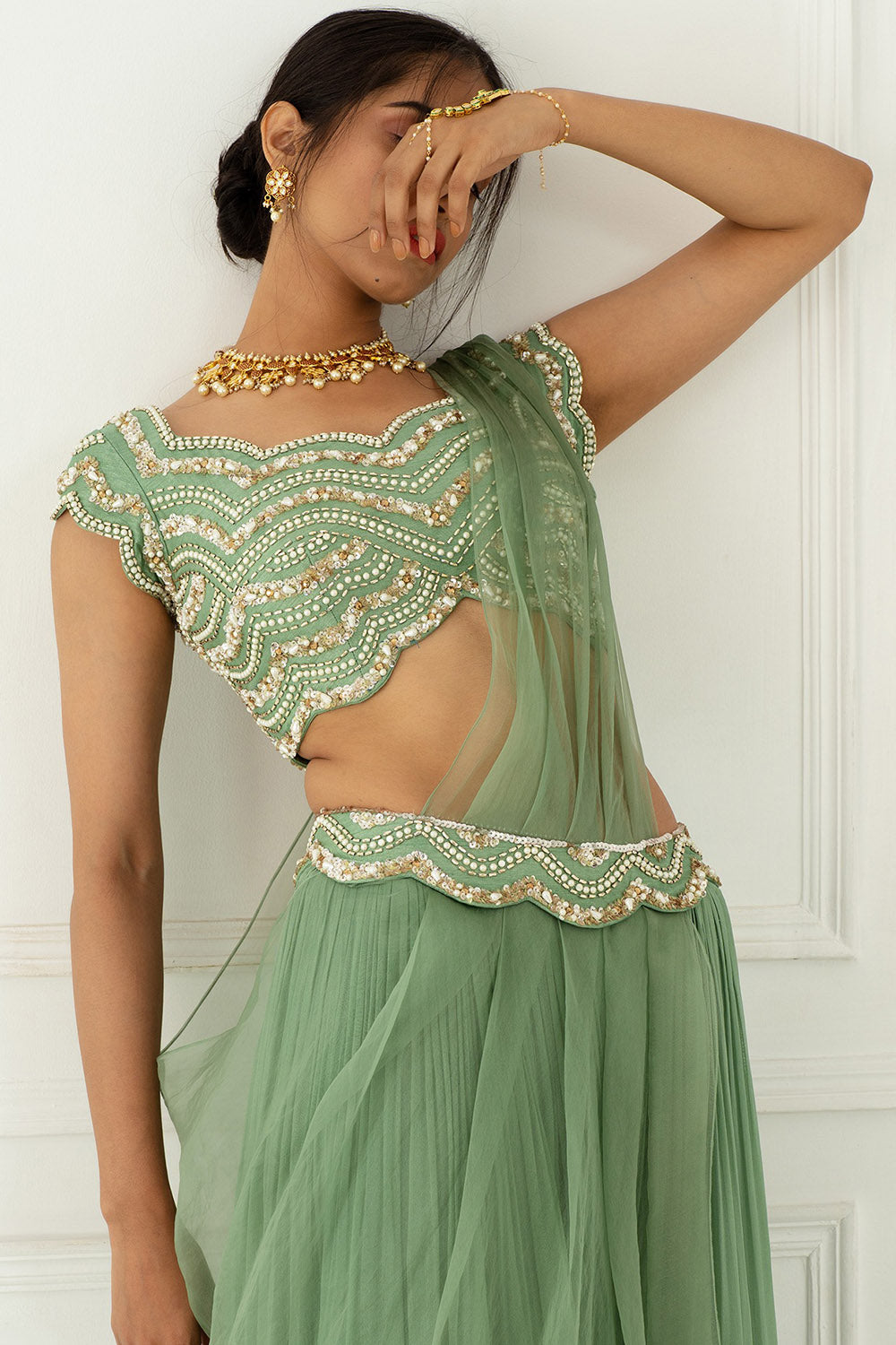 Crinkled Green Sharara Set - Auraya Fashion - - #tag1# - #tag2# - #tag3# - #tag3#