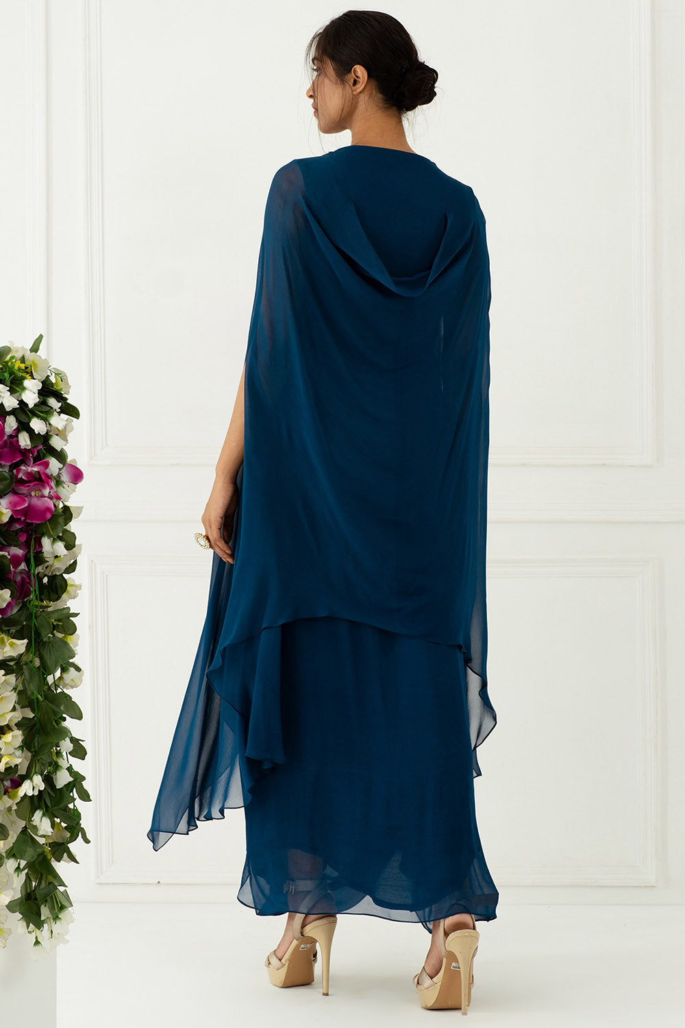 Hand Embroidered Teal Blue Draped Gown - Auraya Fashion - - #tag1# - #tag2# - #tag3# - #tag3#
