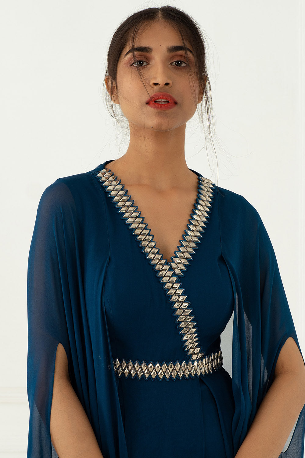 Hand Embroidered Teal Blue Draped Gown - Auraya Fashion - - #tag1# - #tag2# - #tag3# - #tag3#