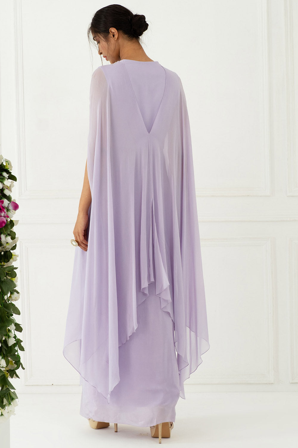 Hand Embroidered Lilac Draped Gown - Auraya Fashion - - #tag1# - #tag2# - #tag3# - #tag3#