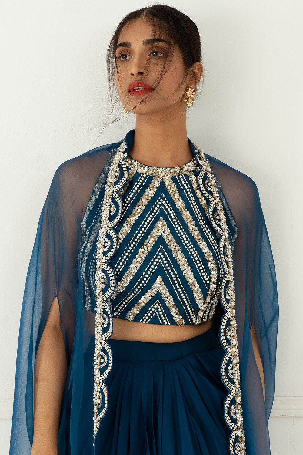 Hand Embroidered Teal Blue Draped Skirt Set - Auraya Fashion - - #tag1# - #tag2# - #tag3# - #tag3#