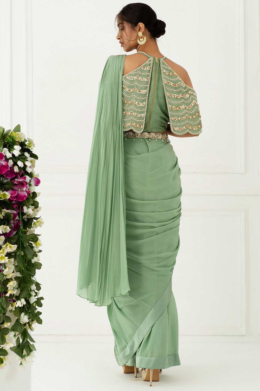 Draped Olive Green Saree Set - Auraya Fashion - - #tag1# - #tag2# - #tag3# - #tag3#