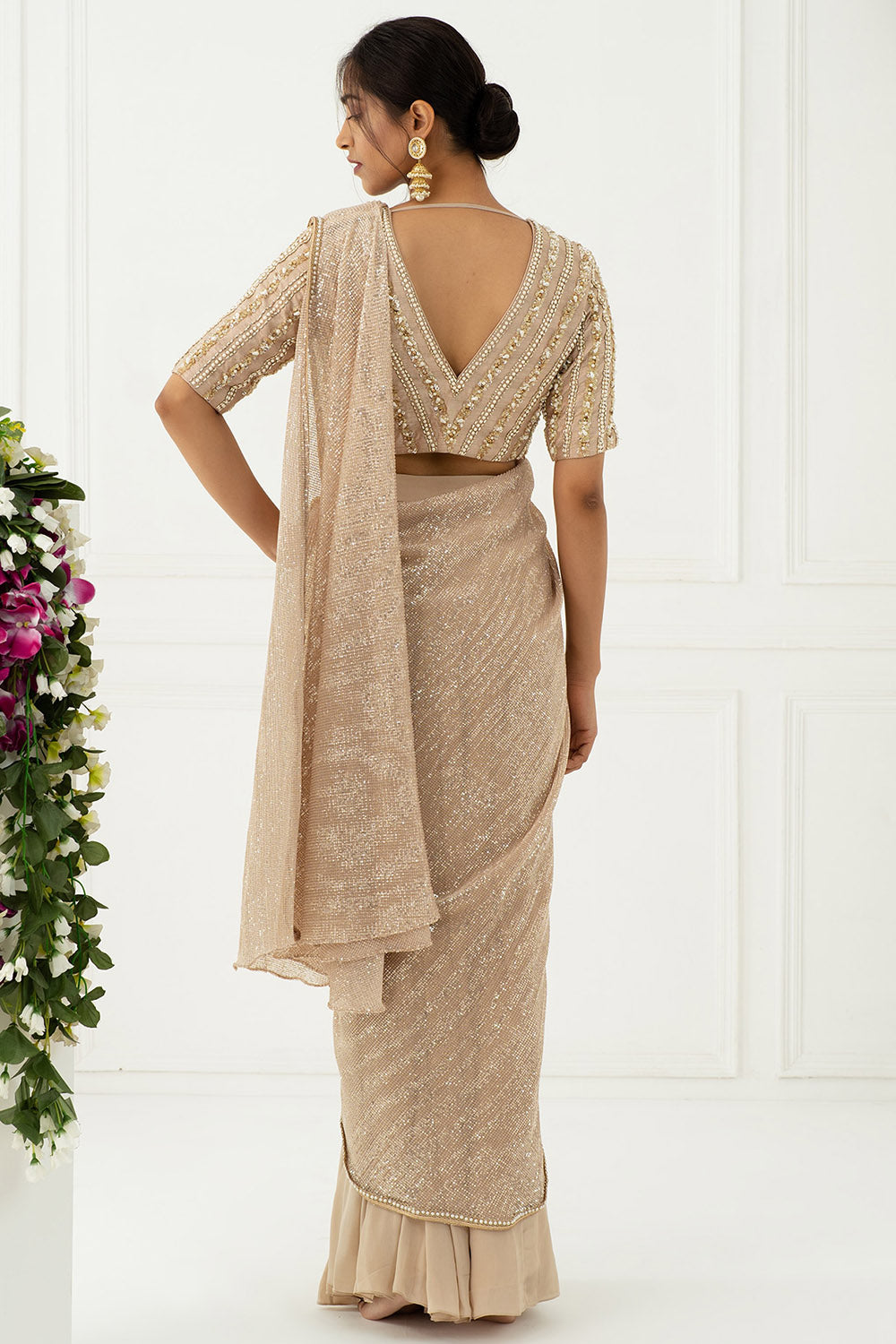 Draped Champagne Saree Set - Auraya Fashion - - #tag1# - #tag2# - #tag3# - #tag3#