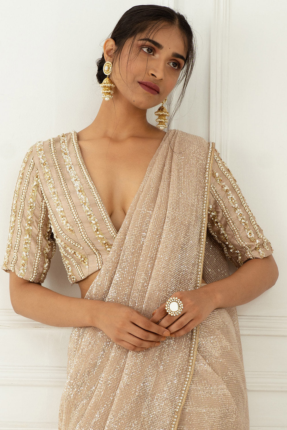 Draped Champagne Saree Set - Auraya Fashion - - #tag1# - #tag2# - #tag3# - #tag3#