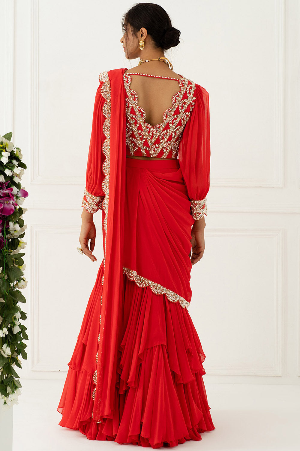 Hand Embroidered Carrot Pink Draped Saree - Auraya Fashion - - #tag1# - #tag2# - #tag3# - #tag3#