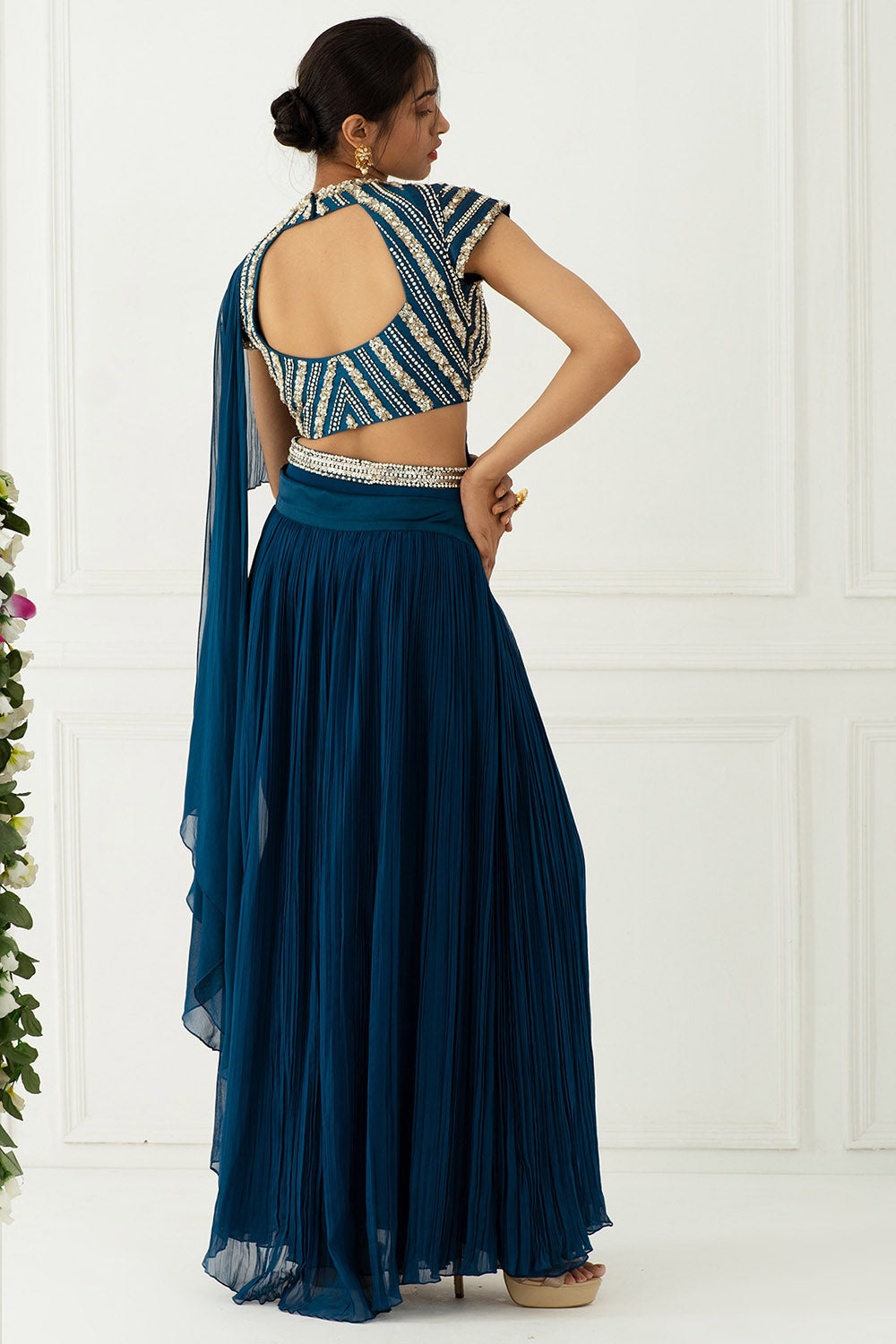 Draped Teal Blue Saree Set - Auraya Fashion - - #tag1# - #tag2# - #tag3# - #tag3#