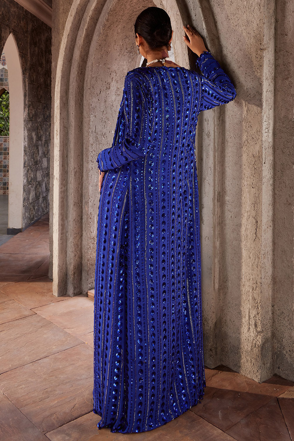 Georgette Blue Draped Jacket Saree Set - Auraya Fashion - - #tag1# - #tag2# - #tag3# - #tag3#