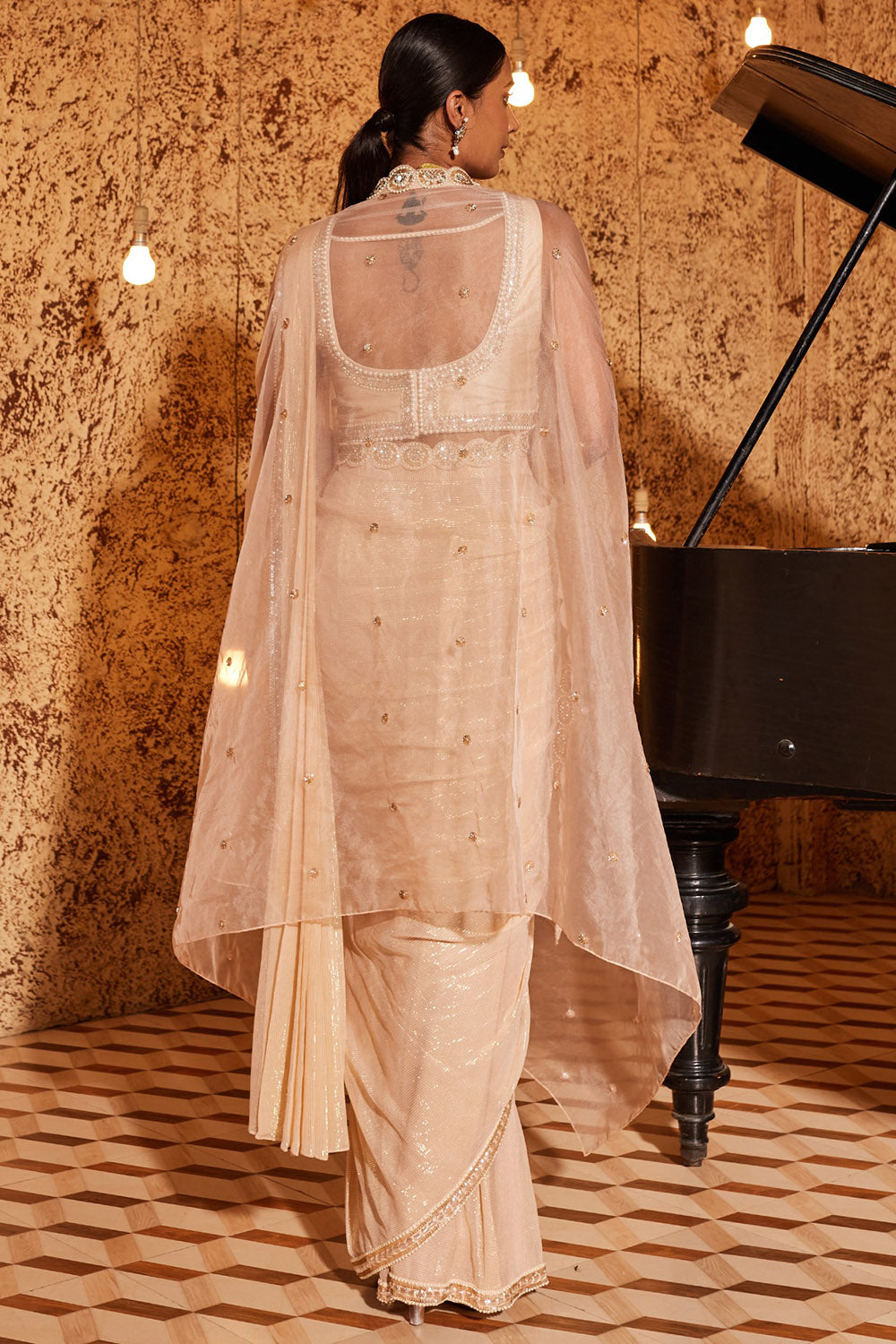Organza & Sequins Champagne Jacket Saree Set - Auraya Fashion - - #tag1# - #tag2# - #tag3# - #tag3#