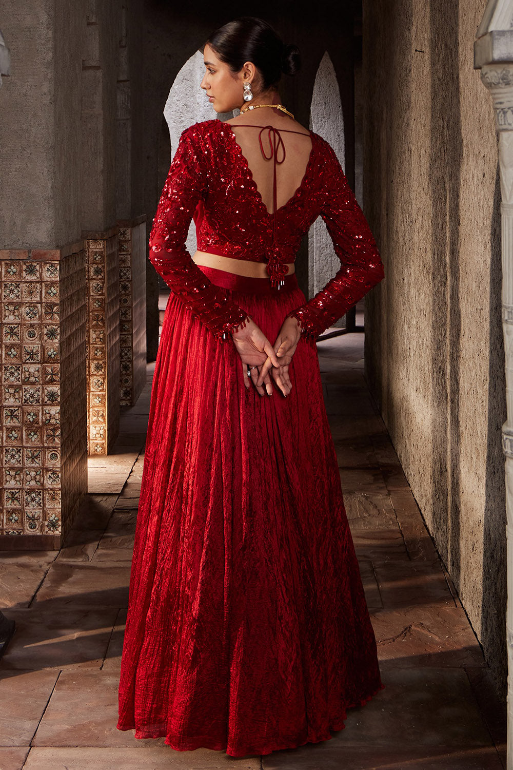 Crinkle Fabric Red Lehenga Set - Auraya Fashion - - #tag1# - #tag2# - #tag3# - #tag3#
