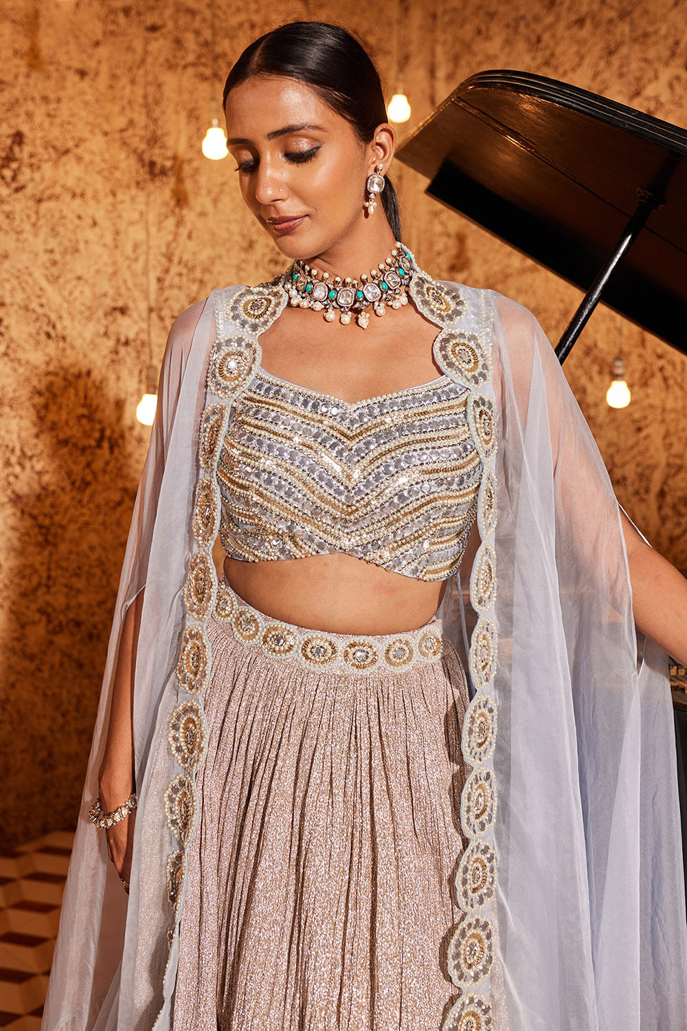Crush Shimmer Aqua Embroidered Jacket Lehenga Set - Auraya Fashion - - #tag1# - #tag2# - #tag3# - #tag3#