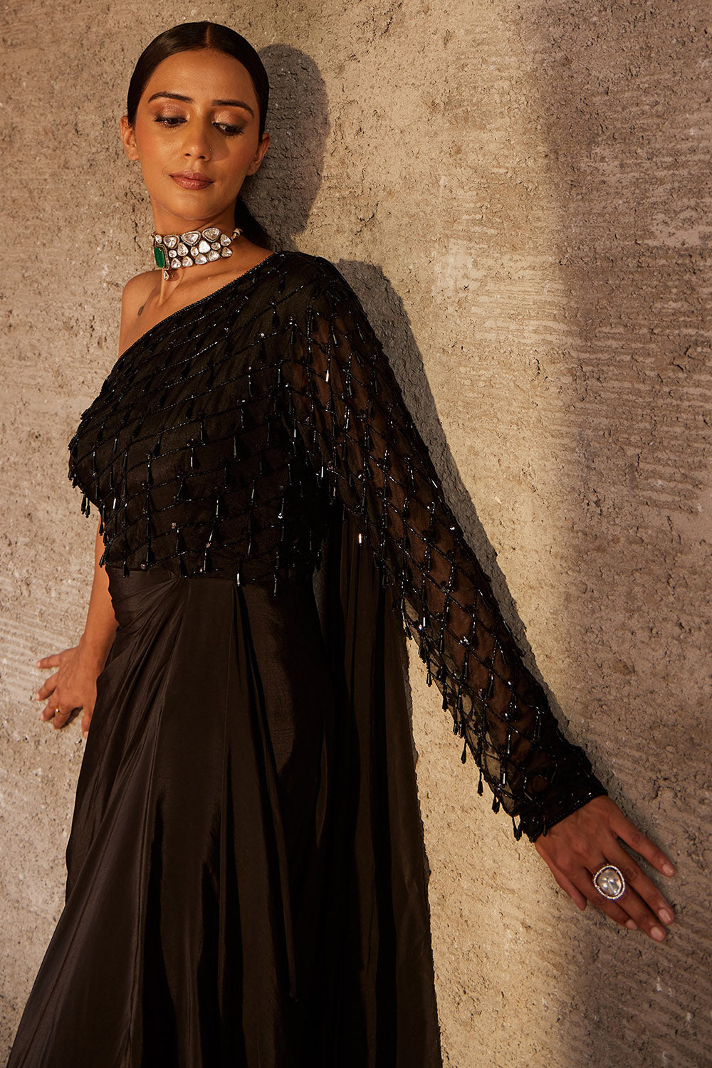 Organza & Crepe Black Embroidered One-Shoulder Gown - Auraya Fashion - - #tag1# - #tag2# - #tag3# - #tag3#