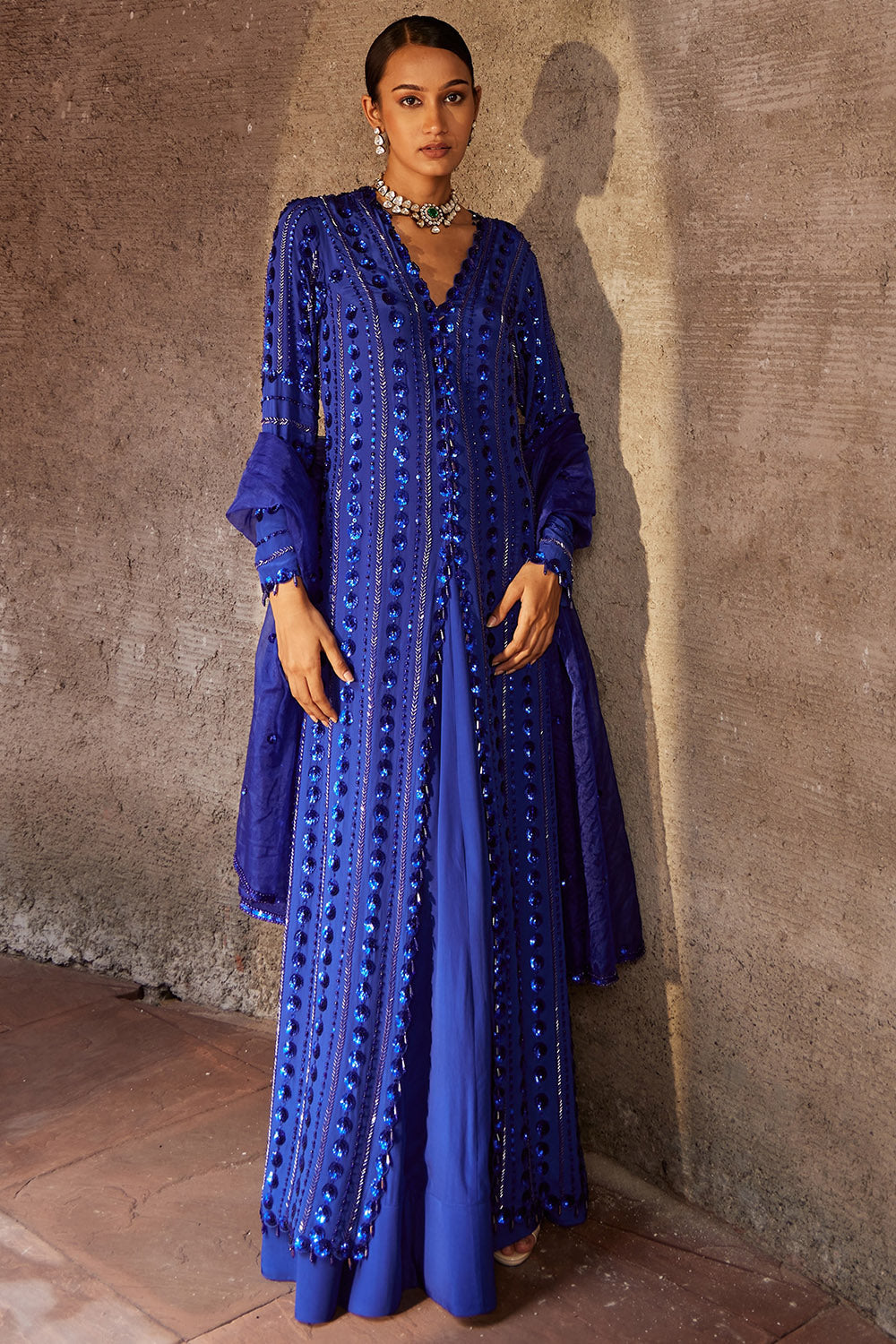 Crepe Blue Jacket Lehenga Set - Auraya Fashion - Nidhika Shekhar - #tag1# - #tag2# - #tag3# - #tag3#