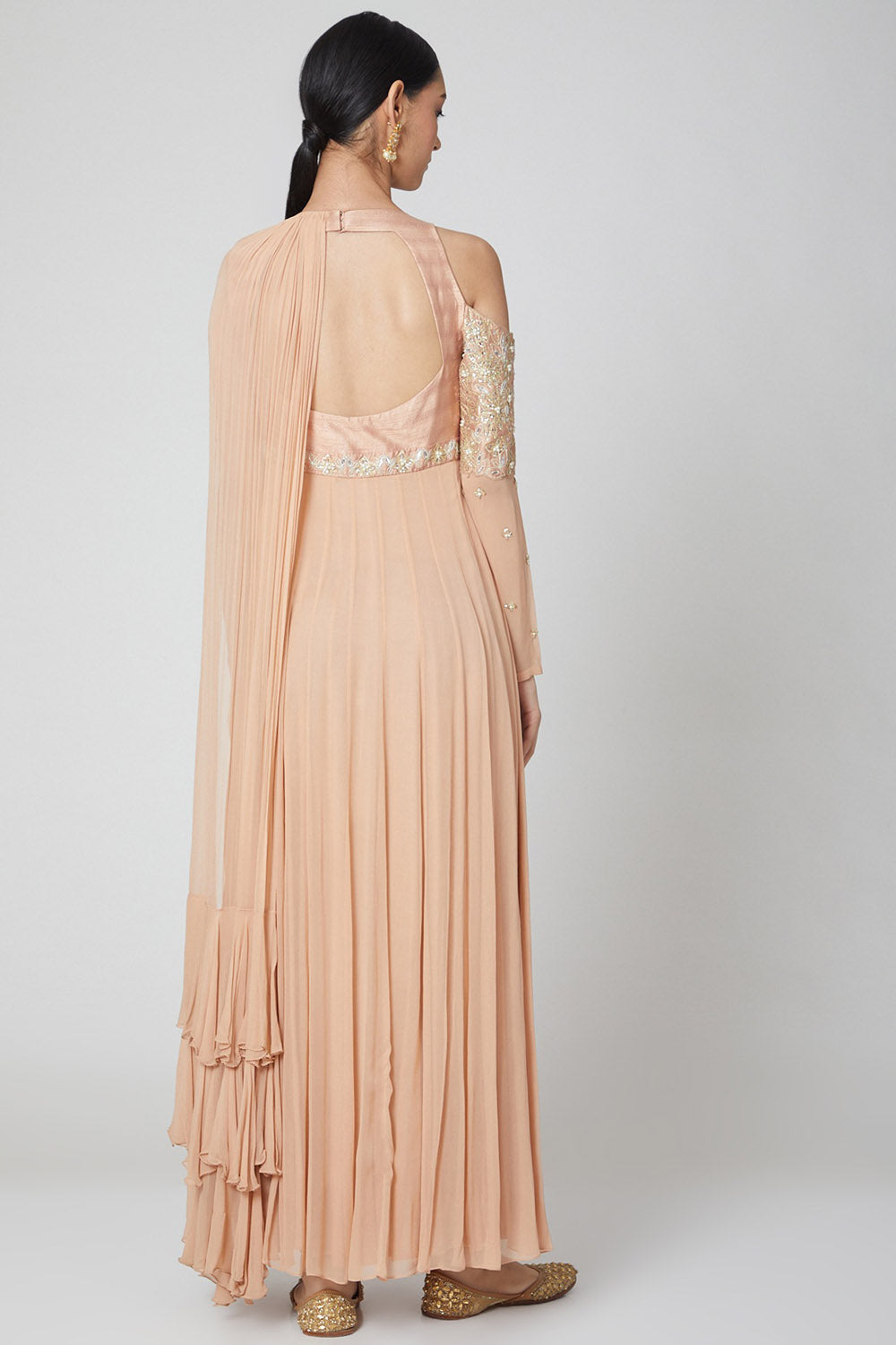 Embroidered Salmon Pink Anarkali With Draped Dupatta - Auraya Fashion - - #tag1# - #tag2# - #tag3# - #tag3#
