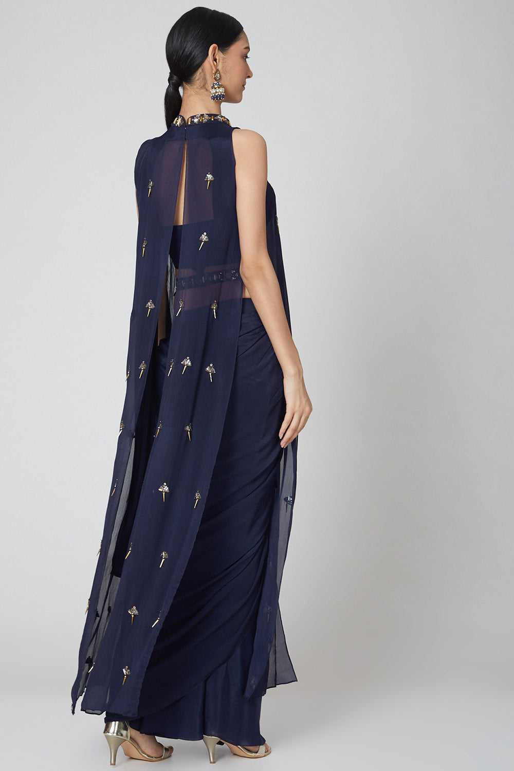 Navy Blue Pre-Stitched Draped Saree Set - Auraya Fashion - - #tag1# - #tag2# - #tag3# - #tag3#