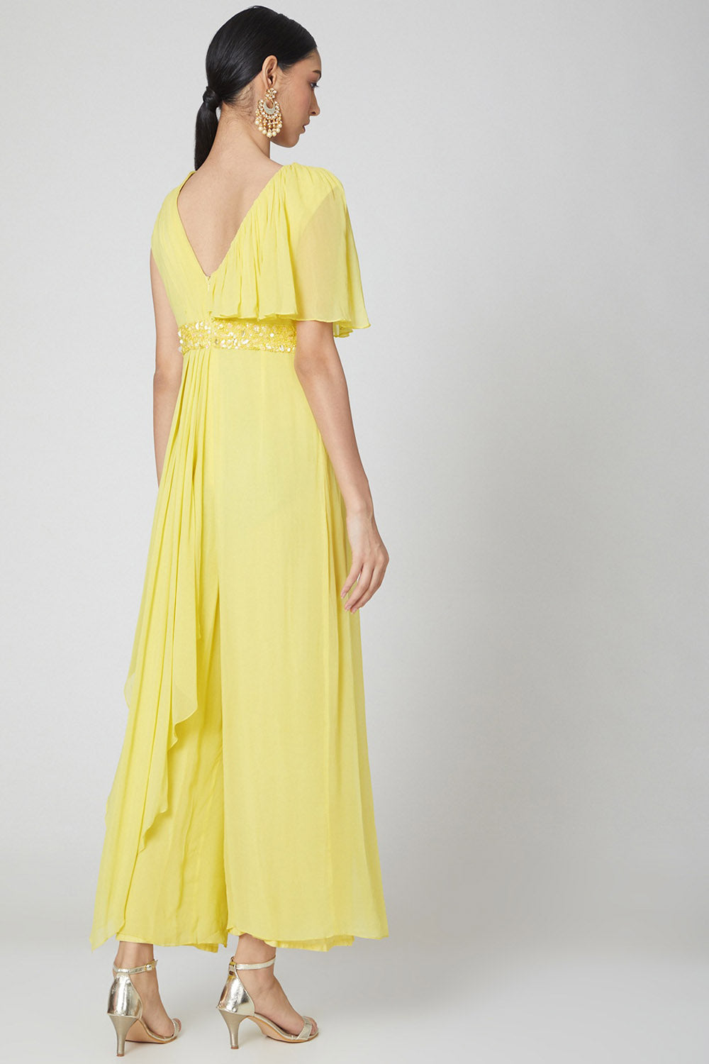 Draped Neon Yellow Jumpsuit With Embroidered Belt - Auraya Fashion - - #tag1# - #tag2# - #tag3# - #tag3#