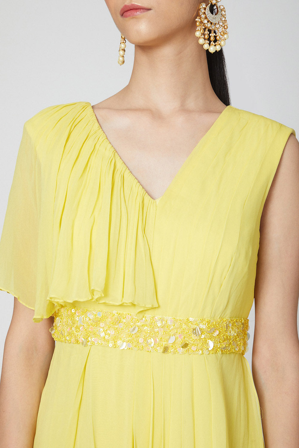 Draped Neon Yellow Jumpsuit With Embroidered Belt - Auraya Fashion - - #tag1# - #tag2# - #tag3# - #tag3#