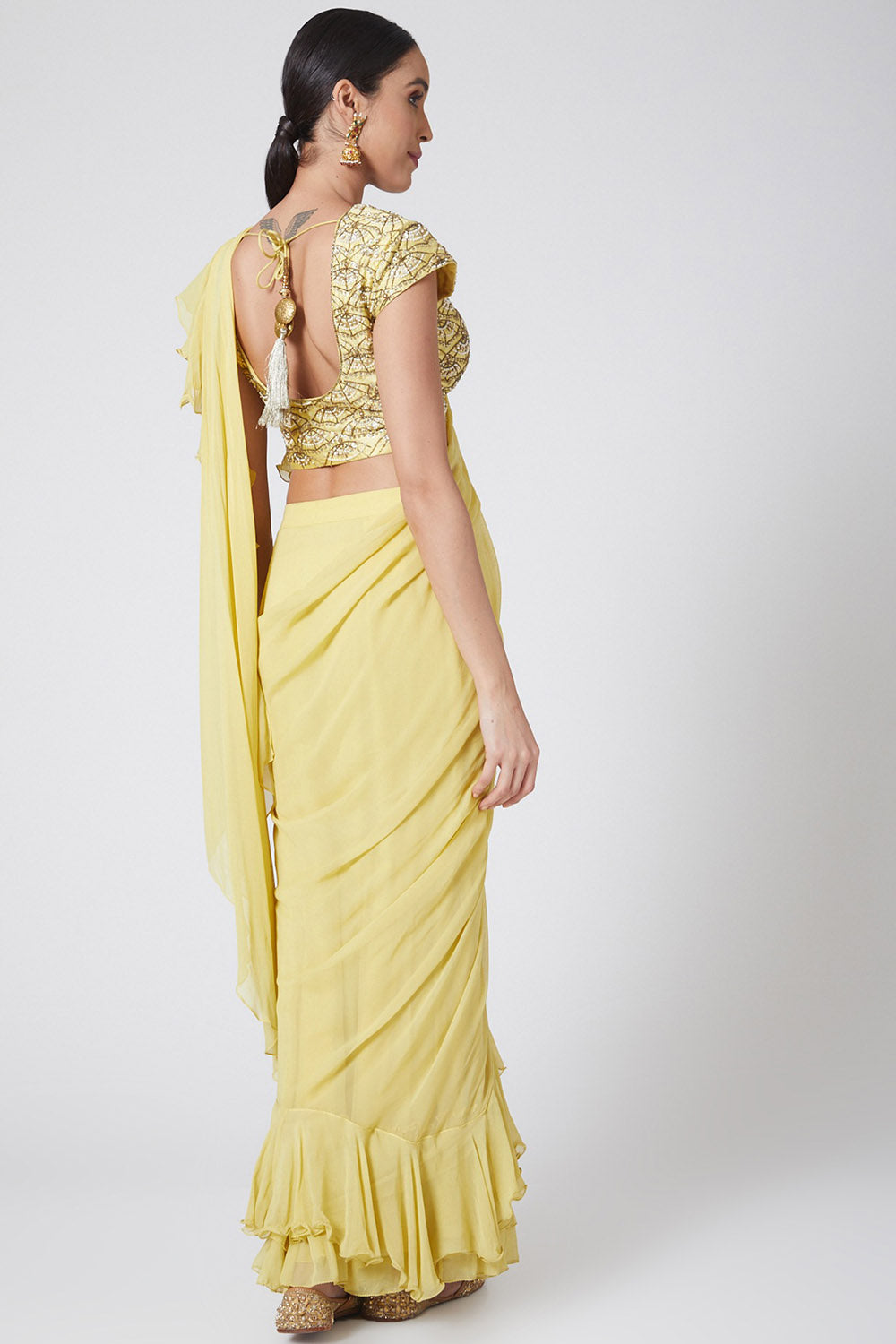 Ruffled Yellow Draped Saree With Embroidered Blouse - Auraya Fashion - - #tag1# - #tag2# - #tag3# - #tag3#