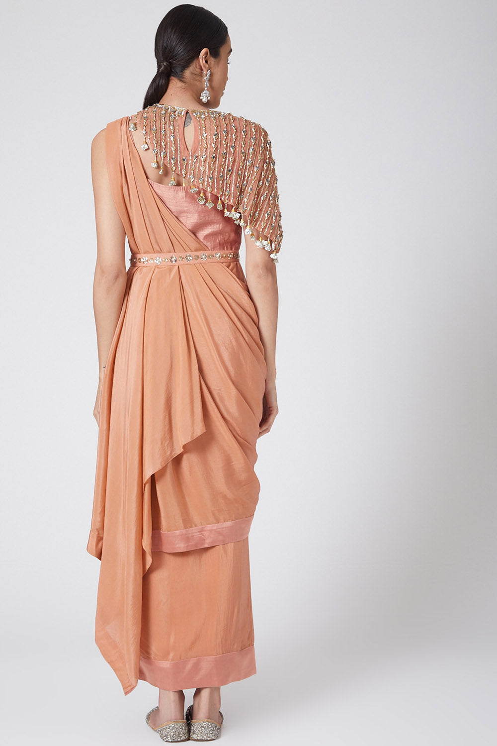 Draped Blush Pink Saree With Embroidered Cape & Belt - Auraya Fashion - - #tag1# - #tag2# - #tag3# - #tag3#
