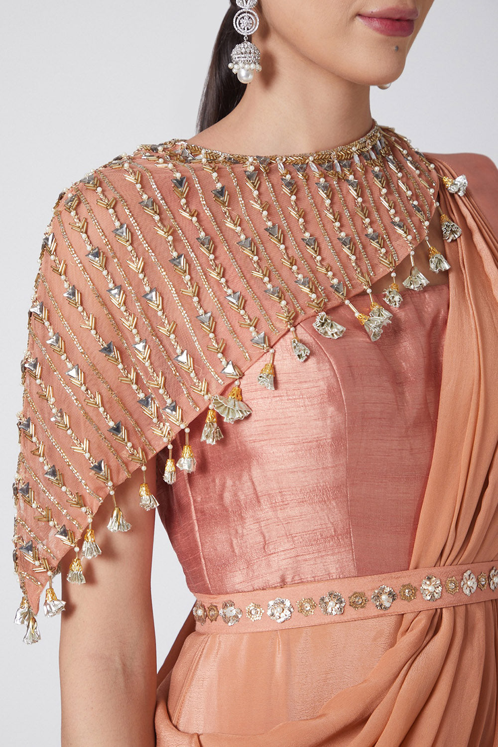 Draped Blush Pink Saree With Embroidered Cape & Belt - Auraya Fashion - - #tag1# - #tag2# - #tag3# - #tag3#
