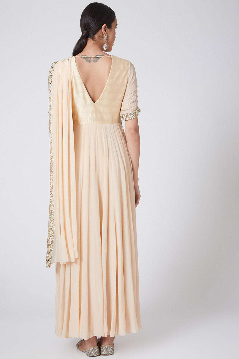 Embroidered Beige Draped Anarkali - Auraya Fashion - - #tag1# - #tag2# - #tag3# - #tag3#