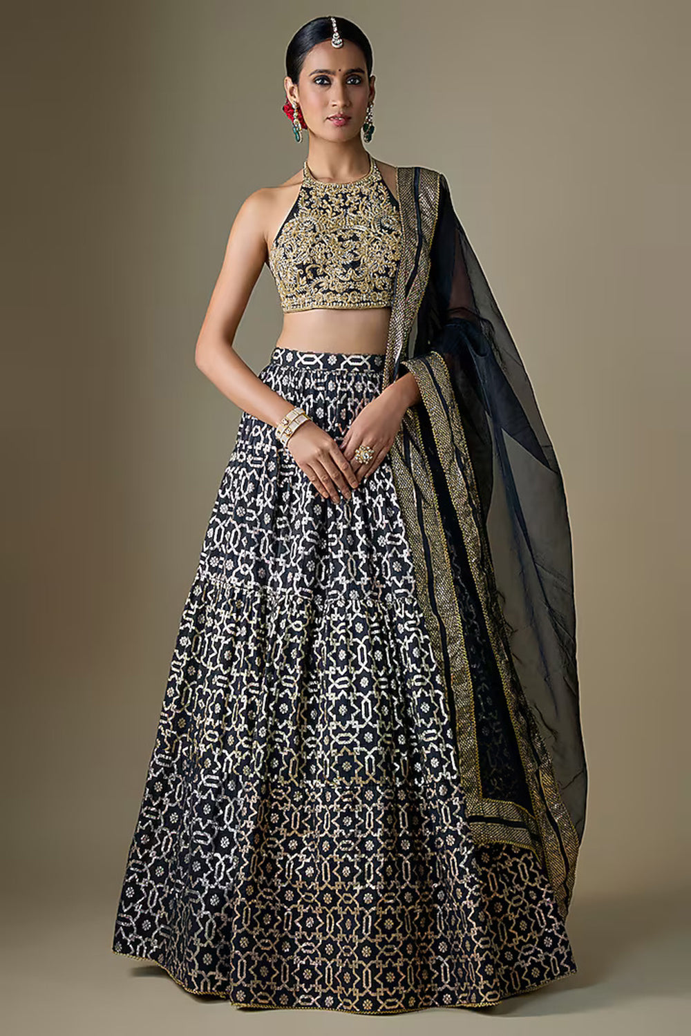 Black Banarasi Chanderi Geometric Printed Lehenga Set