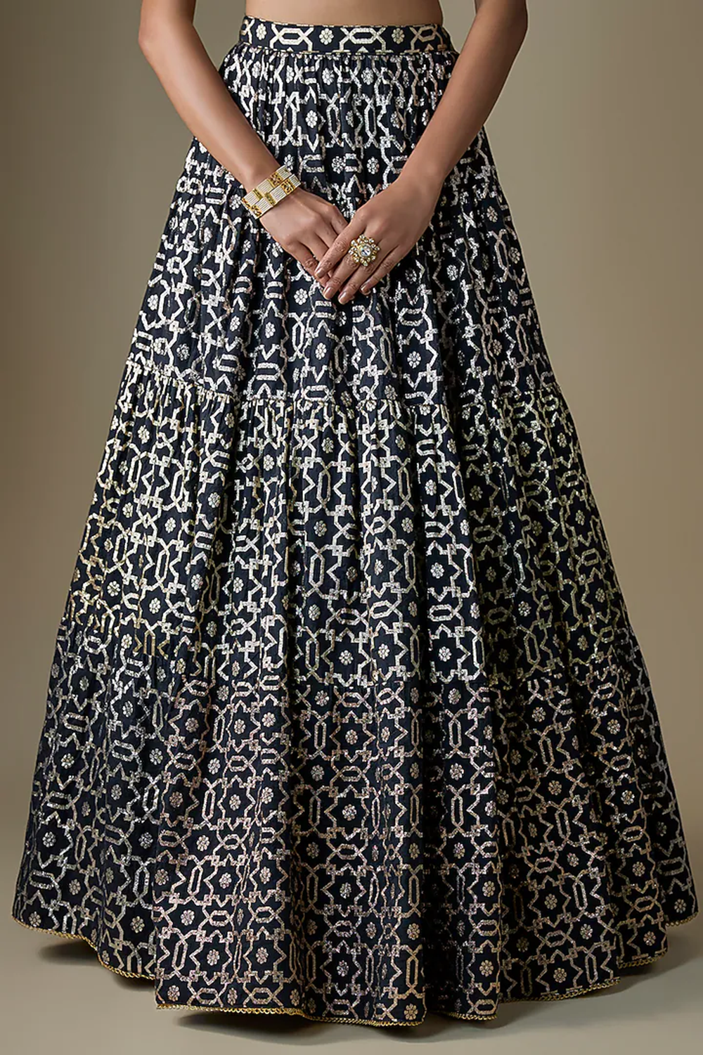 Black Banarasi Chanderi Geometric Printed Lehenga Set