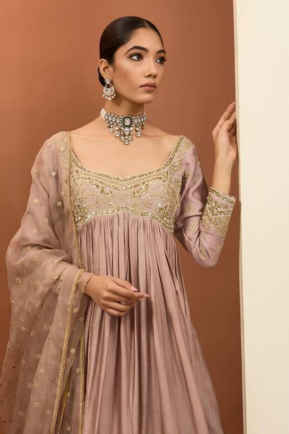 Pink Chanderi Silk Hand Embroidered Anarkali Set