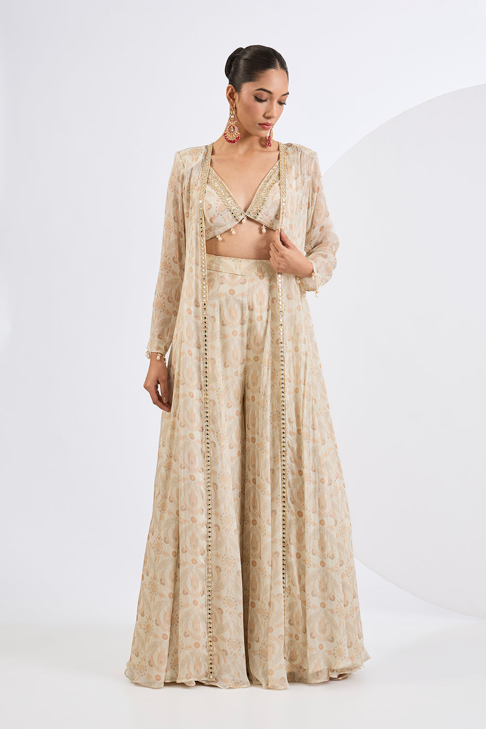 Printed Chinon Chiffon Ivory Sharara Set with Jacket and A Blouse
