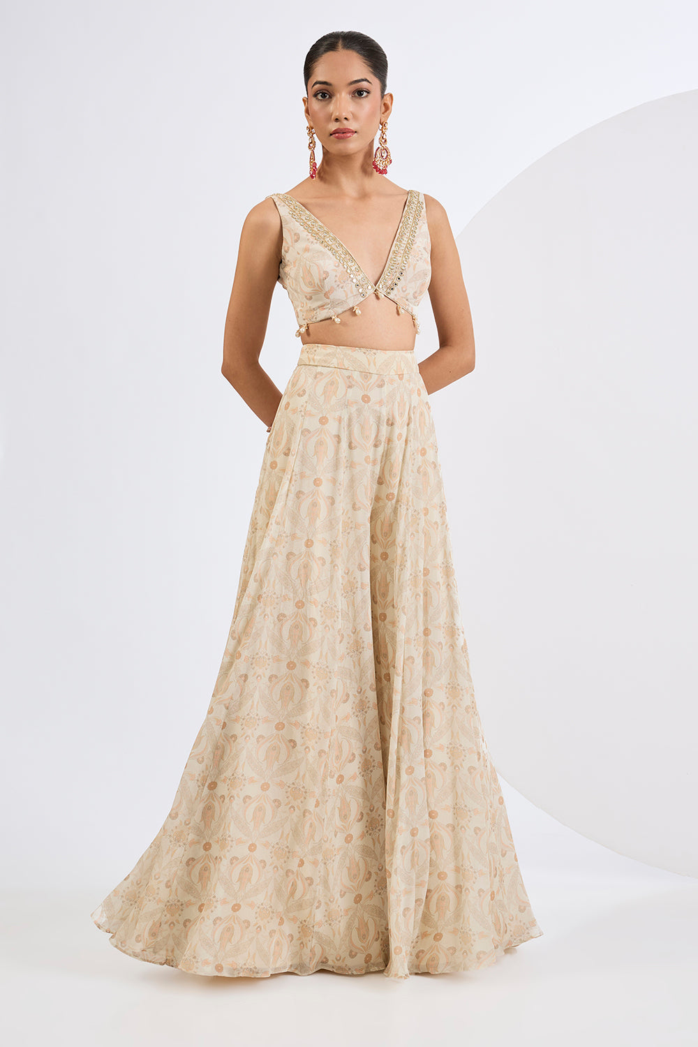 Printed Chinon Chiffon Ivory Sharara Set with Jacket and A Blouse