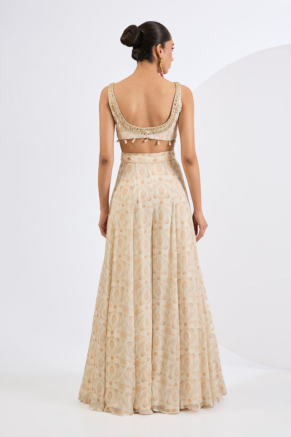 Printed Chinon Chiffon Ivory Sharara Set with Jacket and A Blouse