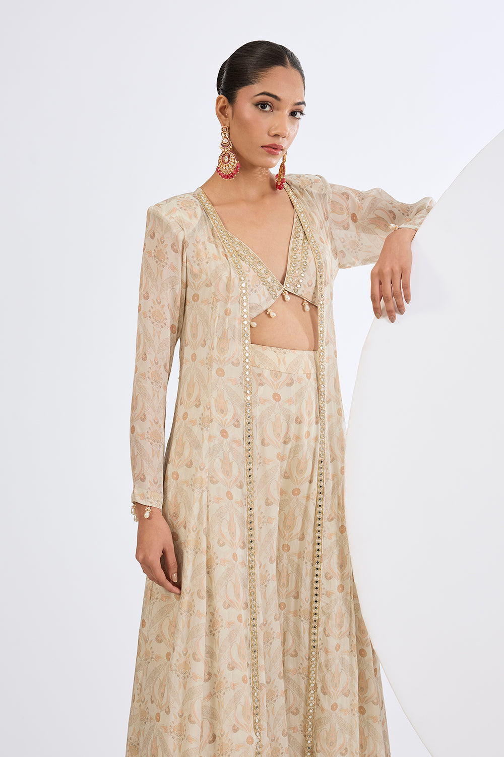 Printed Chinon Chiffon Ivory Sharara Set with Jacket and A Blouse