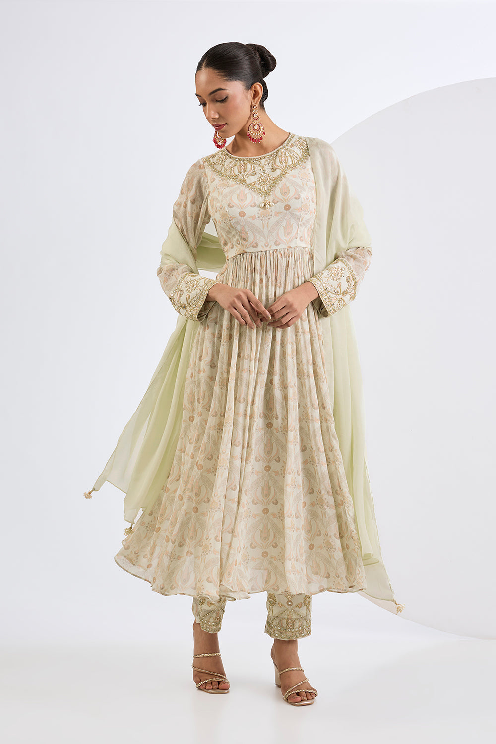 Printed Chinon Chiffon Ivory Anarkali Set with Viscose Chinon Dupatta